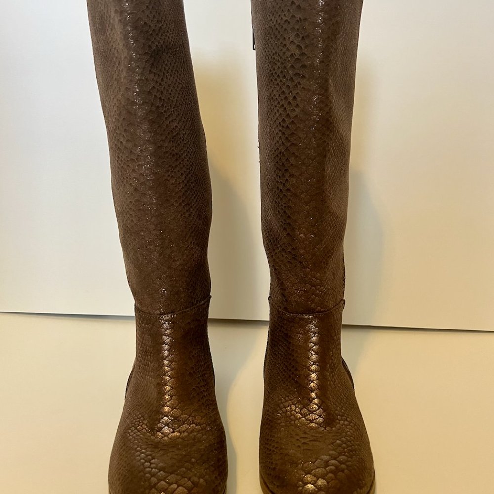 Kids Boots 4 Girl Shoes Child Knee High Boot Round Toe Snakeskin Brown Side Zip